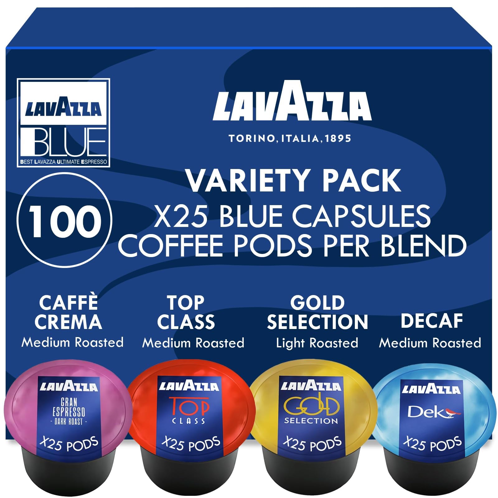 Lavazza Blue Coffee Capsules Variety Pack - 100 Count - Includes Decaf, Gran Espresso, Top Class, Gold Selection - Compatible with LB Machines