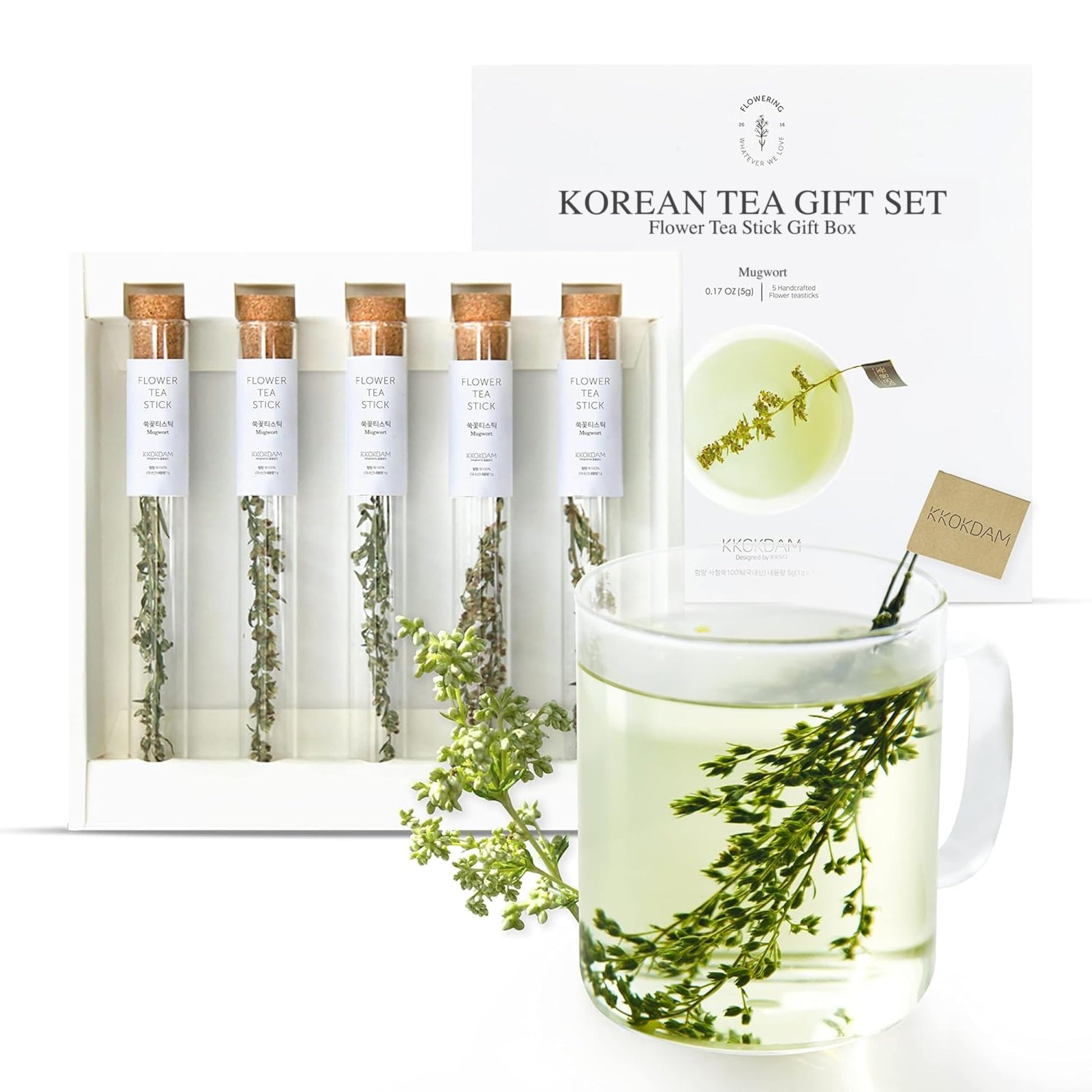 KKOKDAM Tea Gift Set - Mugwort Flower Tea Stick - Loose Leaf Tea Set, Blooming Tea Flowers, Korean Tea Set, Unique Tea Gifts, Fa