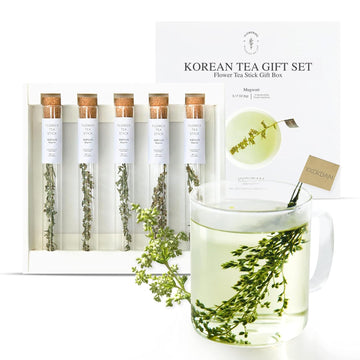 KKOKDAM Tea Gift Set - Mugwort Flower Tea Stick - Loose Leaf Tea Set, Blooming Tea Flowers, Korean Tea Set, Unique Tea Gifts, Fa