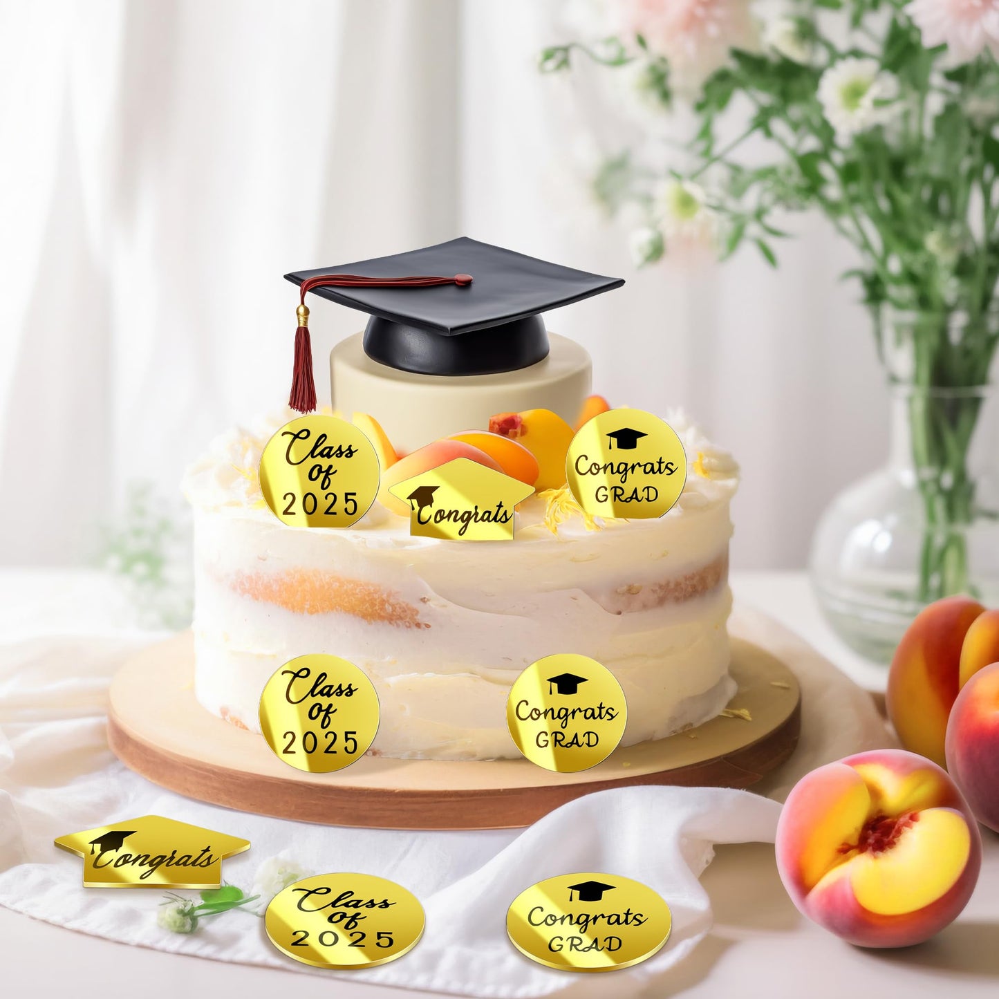 48 Pcs 2025 Graduation Acrylic Cupcake Toppers Mirror Acrylic Disc Cupcake Toppers For Graduation Cake Decorations,3 Styles Gold