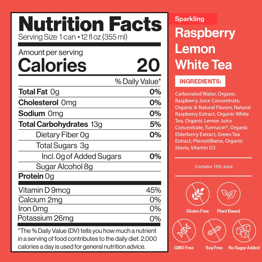 Happy Being Raspberry Lemonade White Tea 12oz – Turmeric, Elderberry, Vitamin D3, Caffeine Free, Low Calorie, 16 Pack