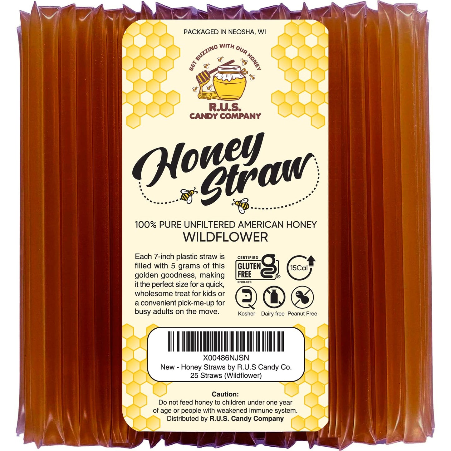 R.U.S. Candy Honey Sticks - 25 Pack Single Serve Stir Sticks, Natural Wildflower Flavor