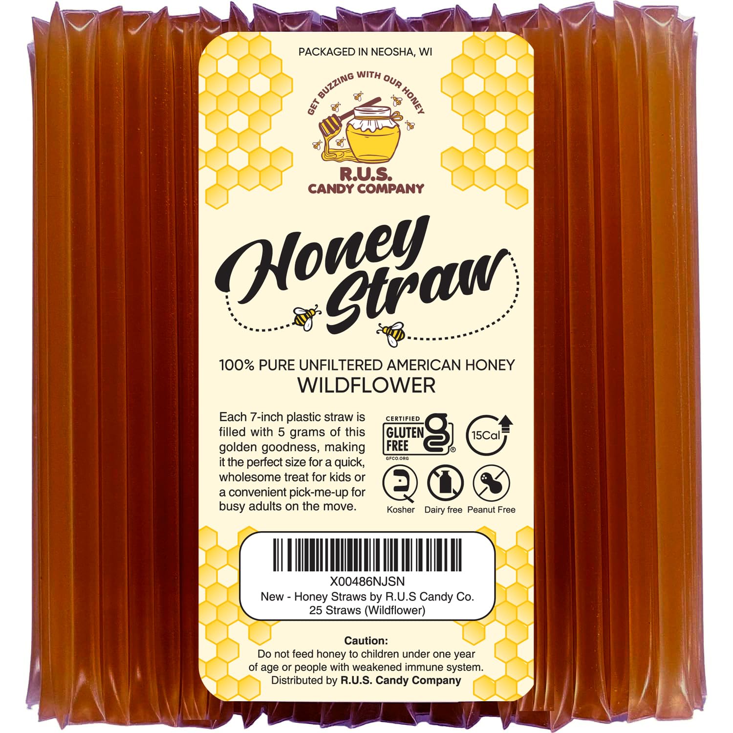 R.U.S. Candy Honey Sticks - 25 Pack Single Serve Stir Sticks, Natural Wildflower Flavor