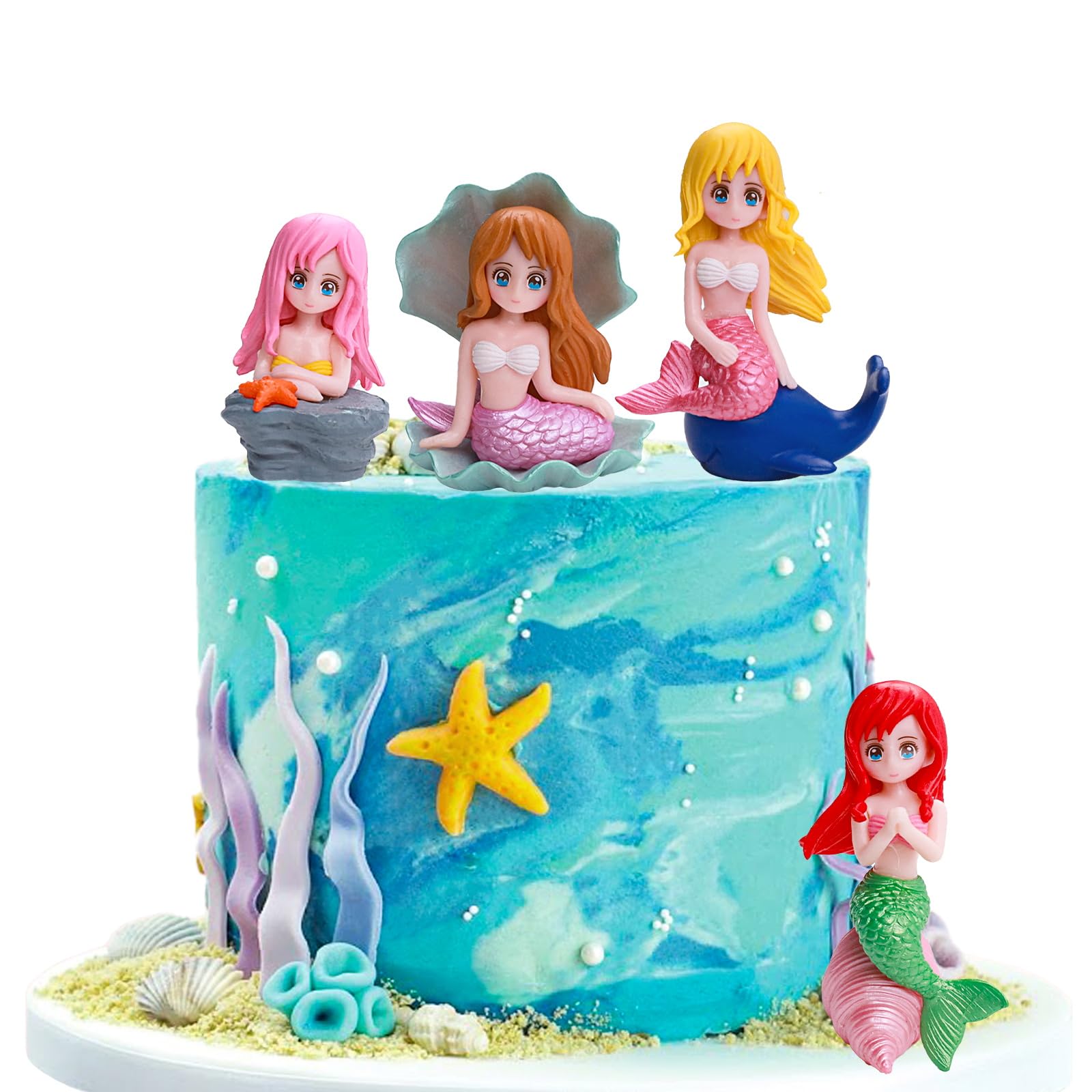4Pcs Mermaid Cake Topper, Little Cute Mermaid Doll Figurines, Mermaid Birthday Cake Cupcake Topper Decorations For Kids Girls Me