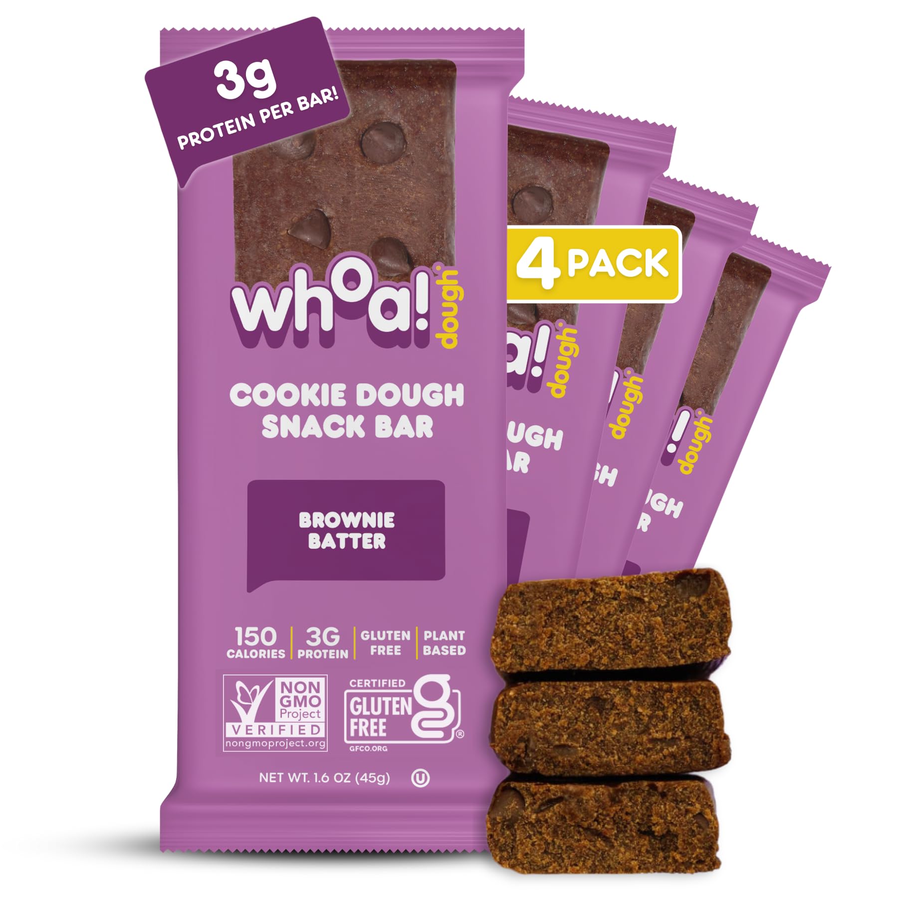 Whoa Dough Edible Cookie Dough Bars- Certified Non-Gmo, Kosher And Gluten Free Bars - Healthy Snack Foods - Plant Based Snacks Made With Real Ingredients - Brownie Batter Cookie Dough - 4 Pack