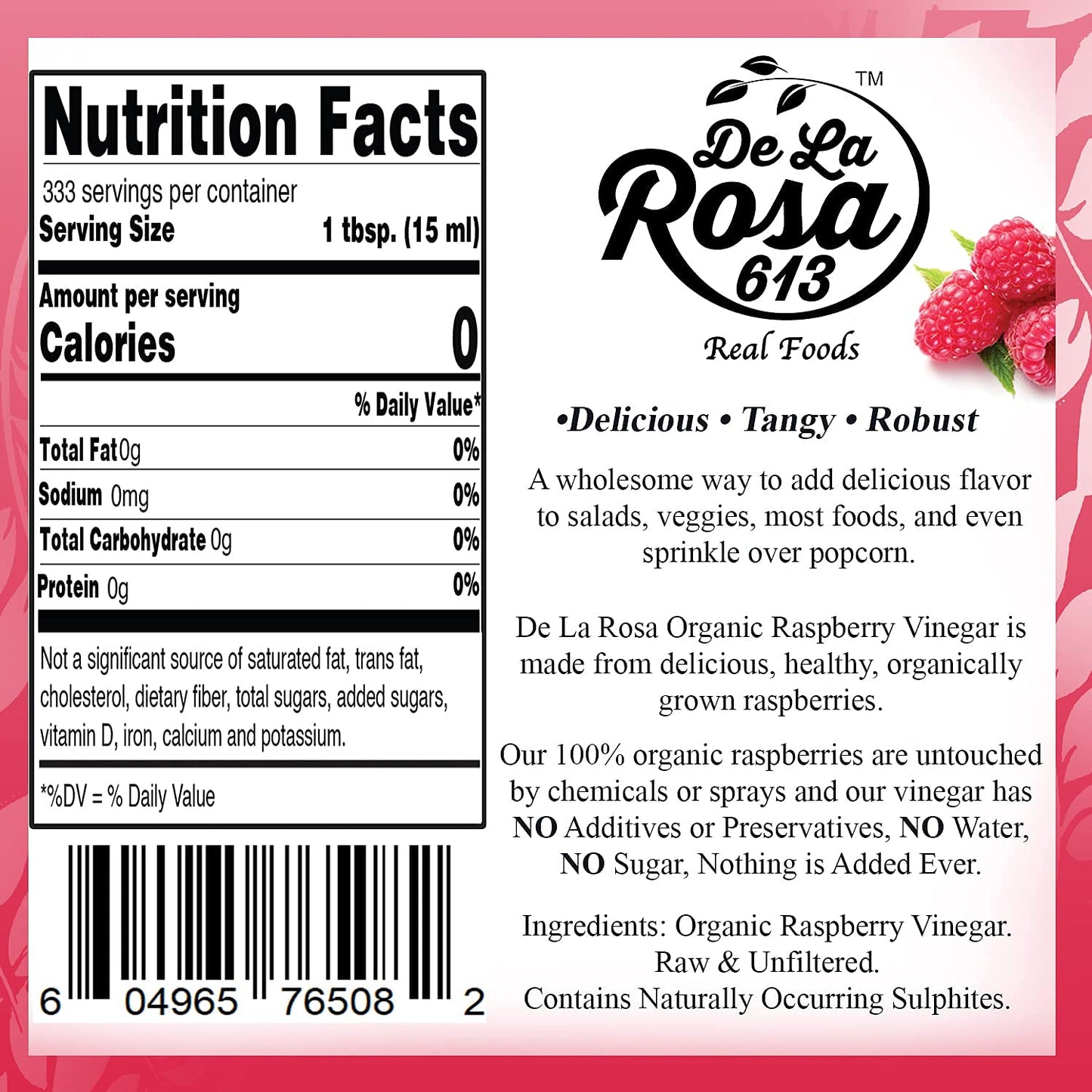 De La Rosa Organic Raspberry Vinegar, Raw & Unfiltered, Vegan, Gluten Free, 169 Fl Oz, SUVELAM