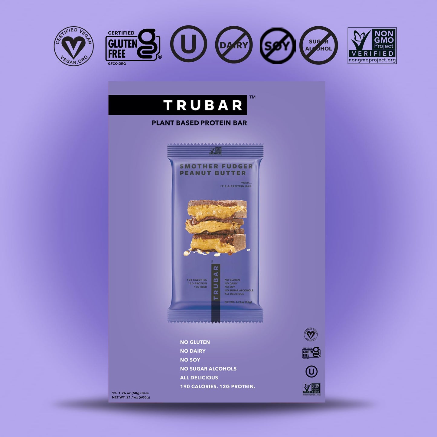 TRUBAR Vegan Protein Bar, Smother Fudger Peanut Butter, Gluten Free, Plant Based Protein, Dairy Free, Non GMO, Soy Free, No Suga