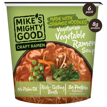 Mikes Mighty Vegetarian Vegetable Ramen Cup (Pack of 6) - 8g Protein Instant Ramen Noodles - Organic Steamed, Non-GMO, Palm Oil-