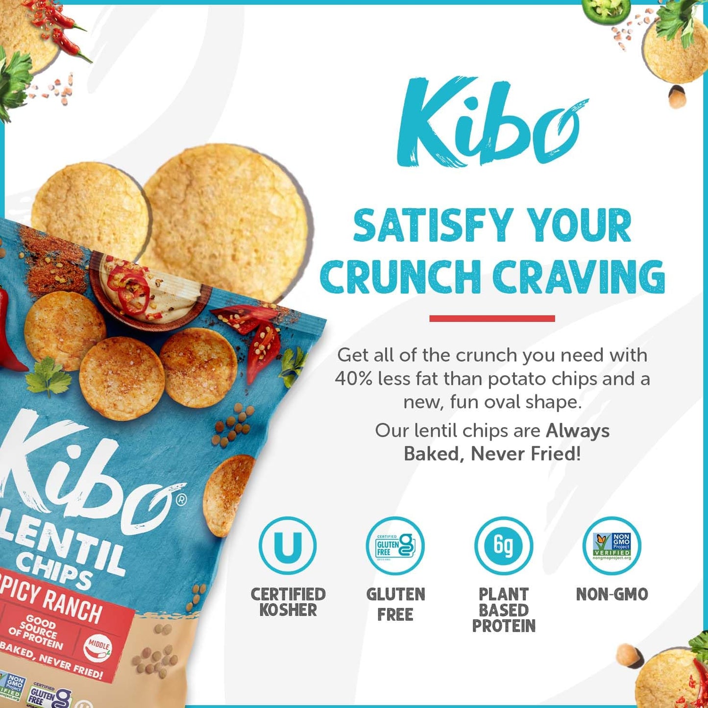 KIBO FOODS Lentil Chips Spicy Ranch, Non-GMO, Vegan, 6g Protein, 1 OZ (Pack of 12)