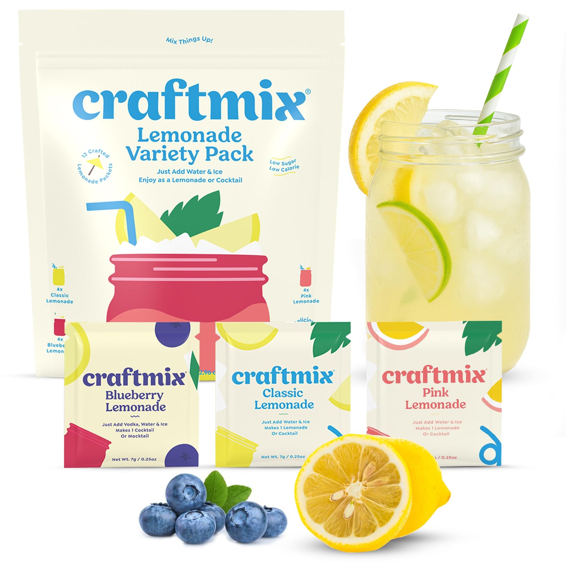 Craftmix Lemonade Variety Mix  12 Packets  Easy Powder Drink with Real Fruit  Low-Sugar  Vegan  Low-Carb  Non-GMO  Dairy-Free  Gluten-Free  Flavored Water Enhancer  On-the-Go Water Flavoring Packets