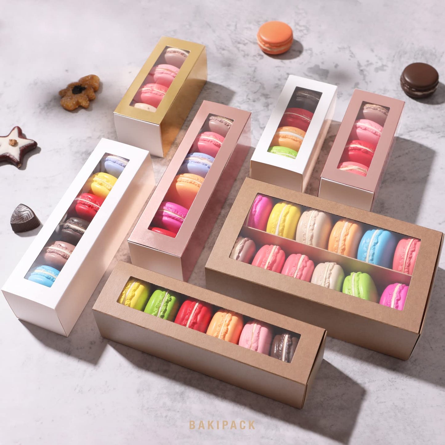 Bakipack 30 Macaron Boxes For 4 Or 5 Macarons Kraft Macaron Gift Boxes, Candy Gift Boxes, Macarons Box With Clear Window (Interi
