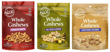 Everything Bagel Seasoned, Dill Pickle, Sriracha Ranch Hot Spicy Flavored Whole Cashew Nut Varity Mix, 1, 8 oz Bag Each, Roasted