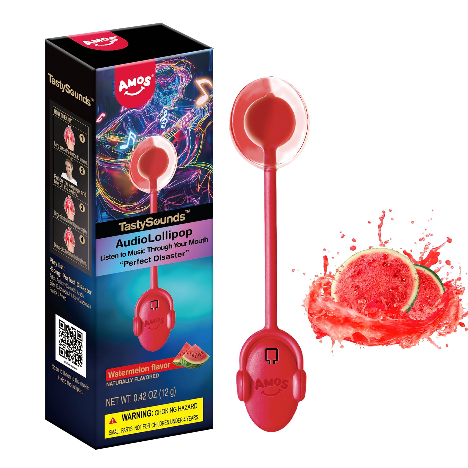 Amos Lollipop Candy - Audio Singing Watermelon Flavor, Individually Wrapped, Unique Valentines Gift (1 Pack)