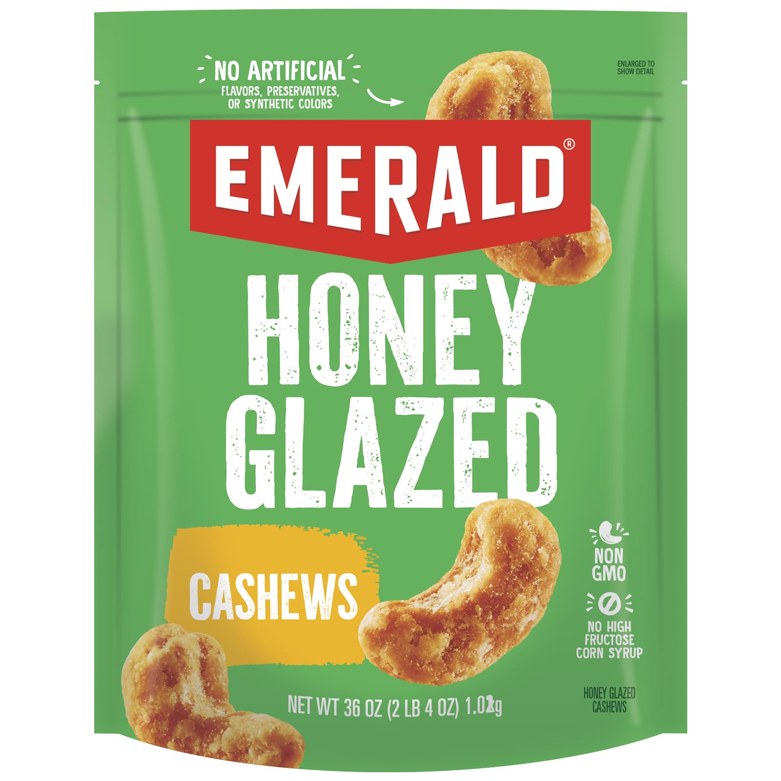 Emerald Honey Glazed Cashews, 36oz Resealable Bulk Bag, Kosher Dairy, Non-GMO, No Artificial Preservatives, Flavors, or Colors