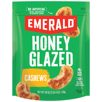 Emerald Honey Glazed Cashews, 36oz Resealable Bulk Bag, Kosher Dairy, Non-GMO, No Artificial Preservatives, Flavors, or Colors