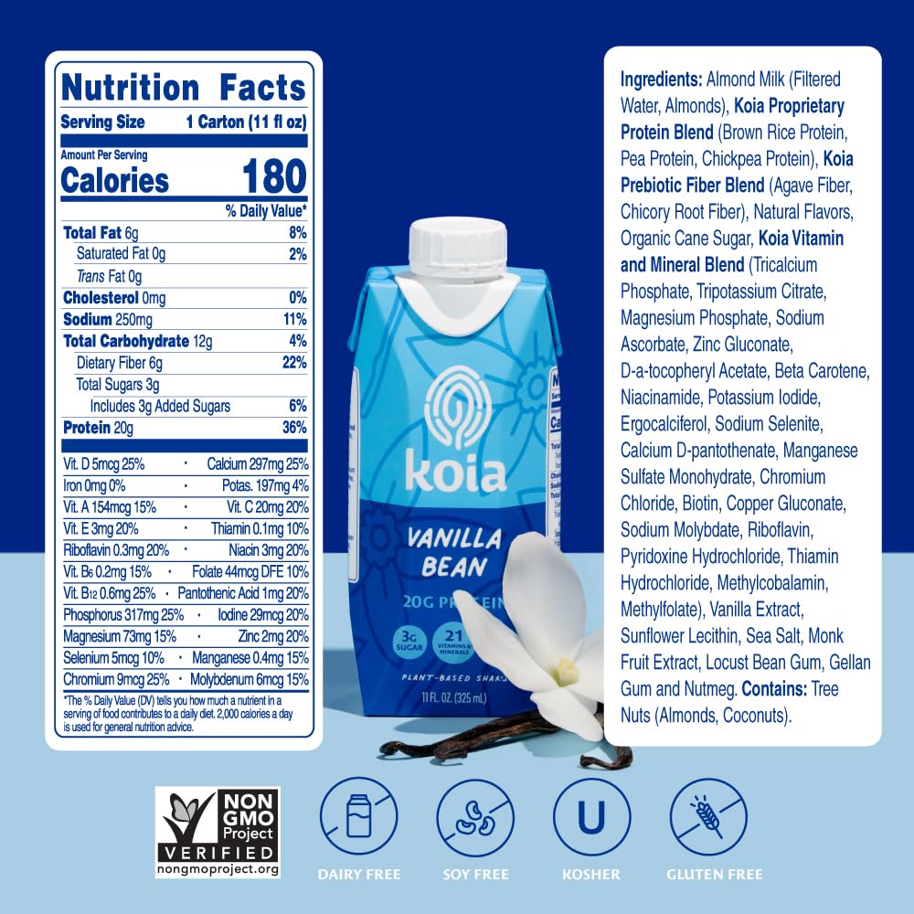 Koia Plant Based Protein Shake, Vanilla Bean, 20g Protein, 3g Sugar, 6g Prebiotic Fiber, 21 Vitamins & Minerals, Meal Replacemen