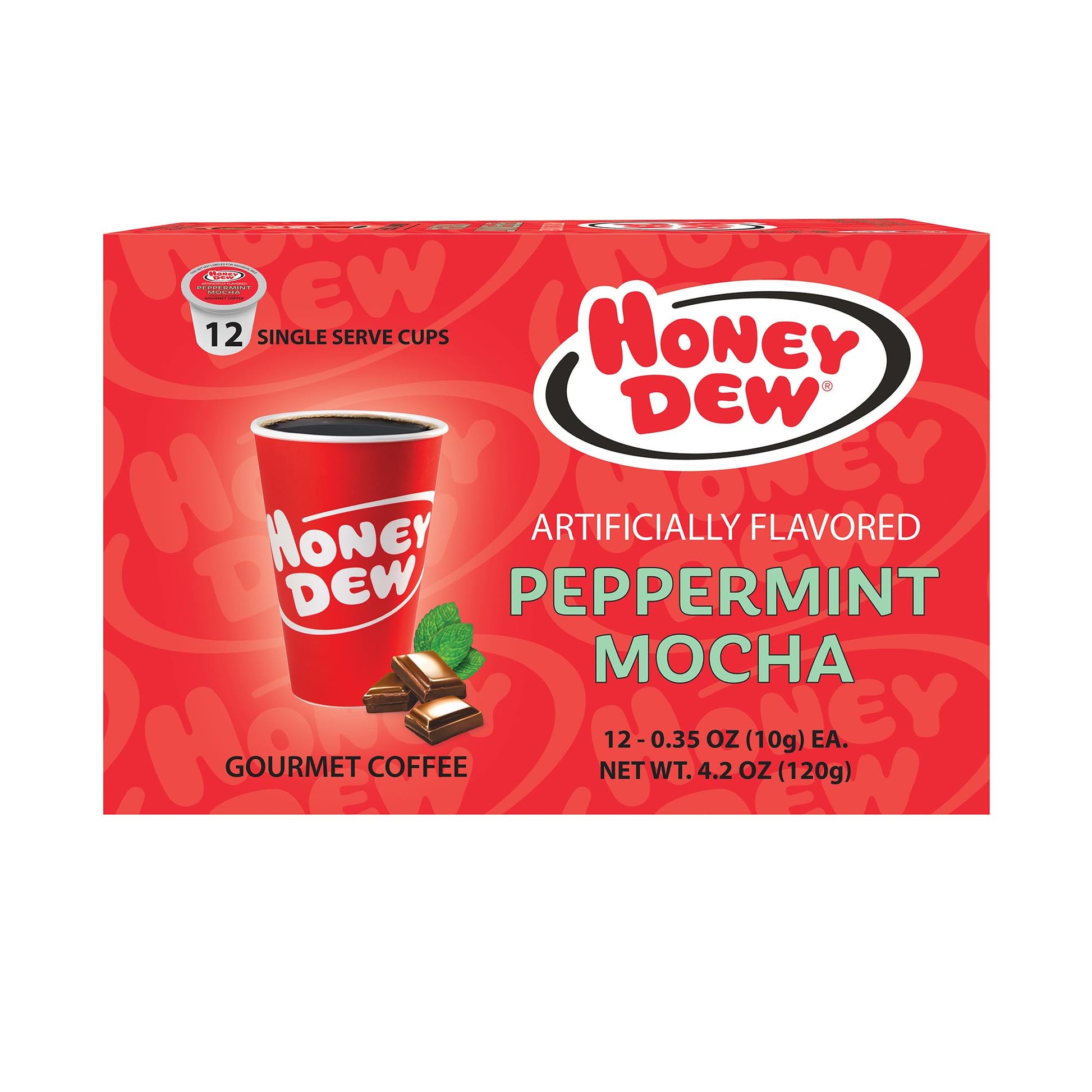 Honey Dew Donuts Peppermint Mocha Coffee Pods, Compatible with Keurig, 12 Count