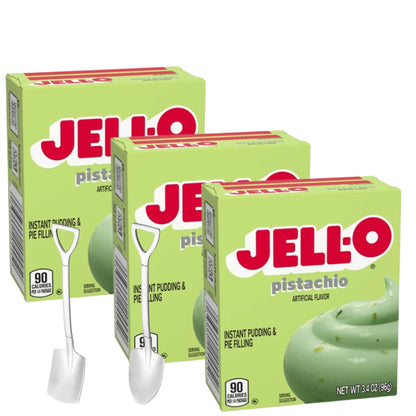 Jell-O Instant Pudding & Pie Filling Mix 3.4 oz Box (Pack of 3) with Candy Freezer Mini Metal Spoons (Pistachio) - Shovel Spoons