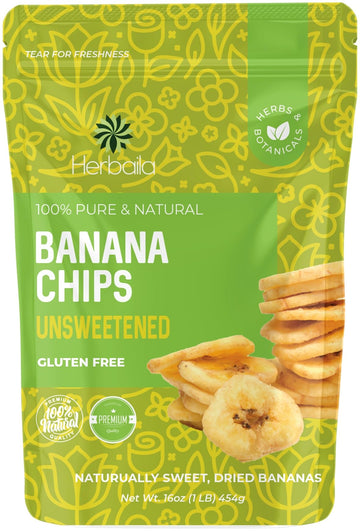 Herbaila Dried Banana Chips Unsweetened Bulk  1 Lb. Dried Bananas  Unsweetened Banana Chips  Dehydrated Bananas  Unsweetened Dried Banana Slices  Banana Crisps. All Natural  Non-Gmo  16 Oz.
