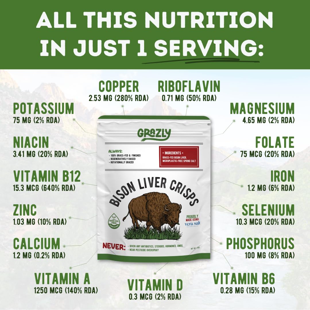 Grazly Plain Bison Liver Crisps - Grass Fed And Finished Bison Liver Chips - Thin And Crispy High Protein Snacks - Keto, Paleo,