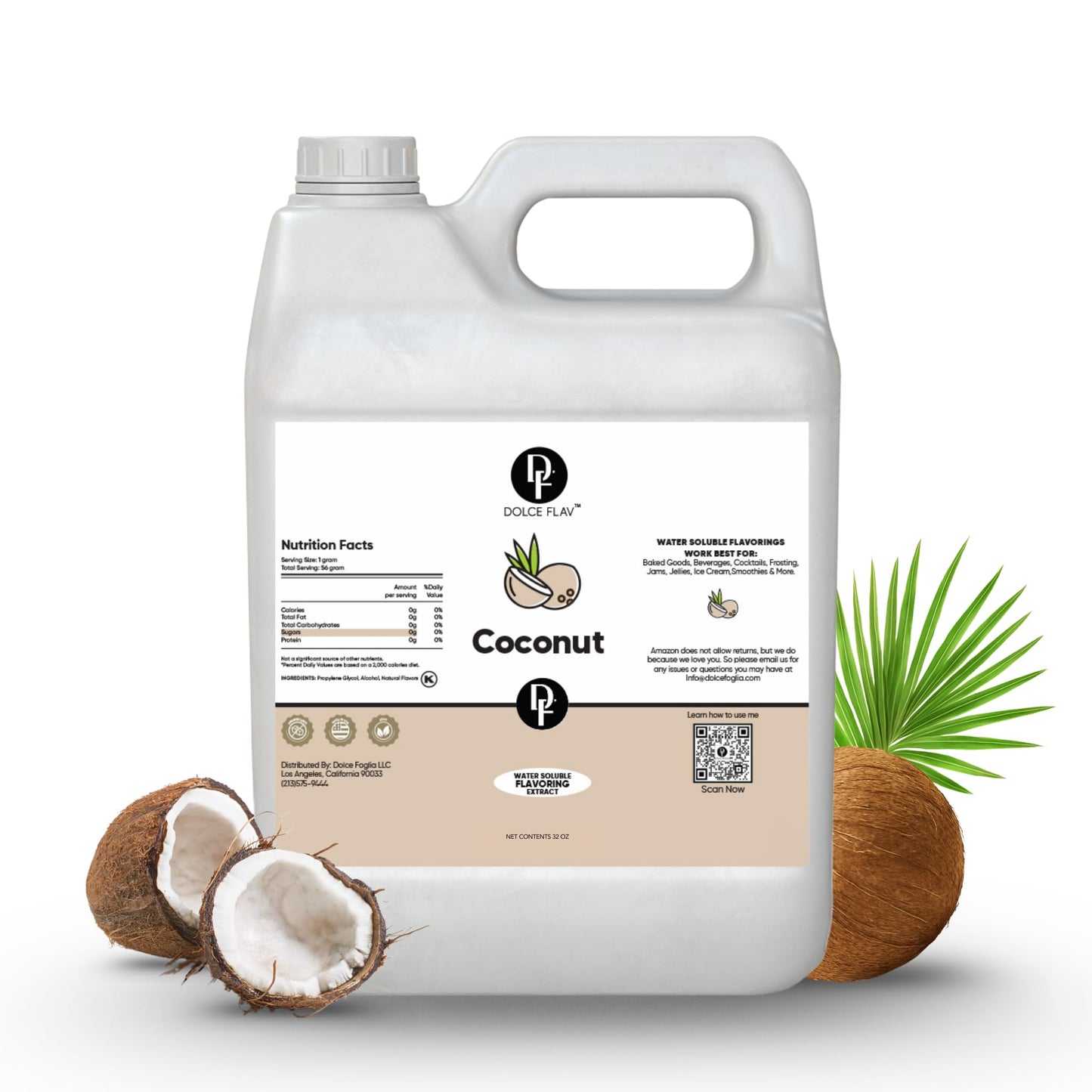 Dolce Flav Coconut Flavoring - 32 Oz. - Top-Grade Water-Based Extract For Ice Cream  Desserts  Boba  Beverages & Baked Goods | Ideal For Tropical-Inspired Menus & Commercial Kitchens