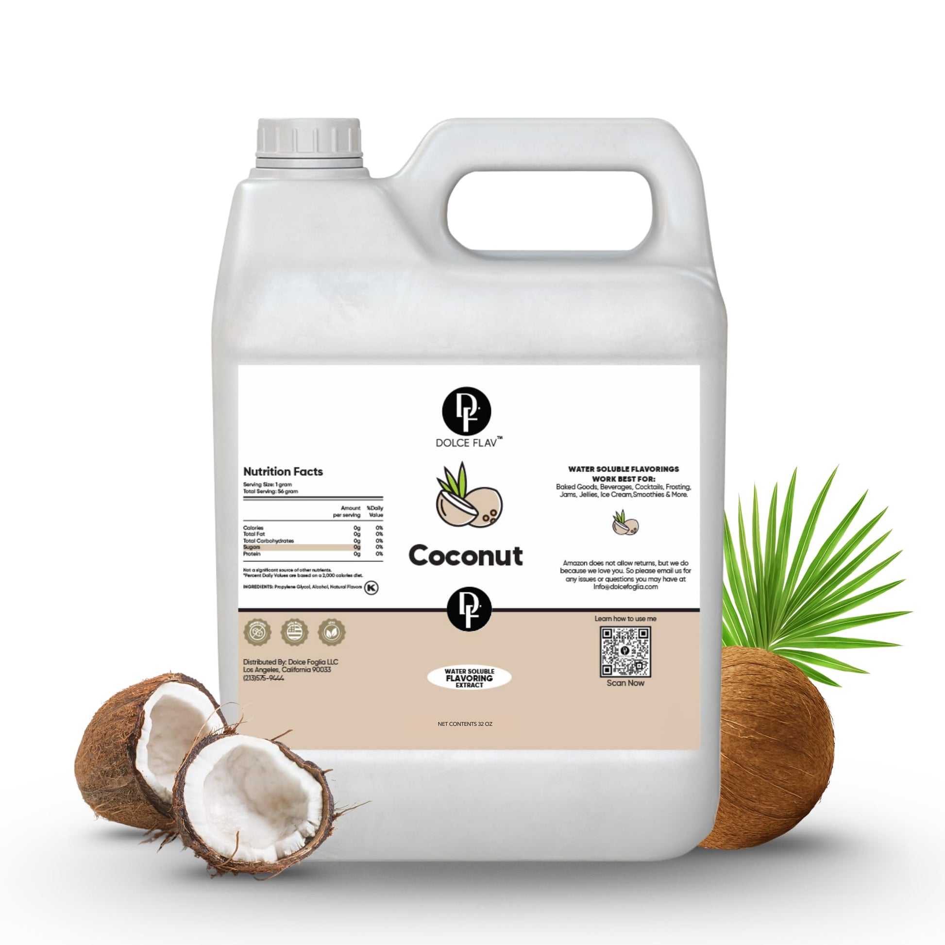 Dolce Flav Coconut Flavoring - 32 Oz. - Top-Grade Water-Based Extract For Ice Cream  Desserts  Boba  Beverages & Baked Goods | Ideal For Tropical-Inspired Menus & Commercial Kitchens