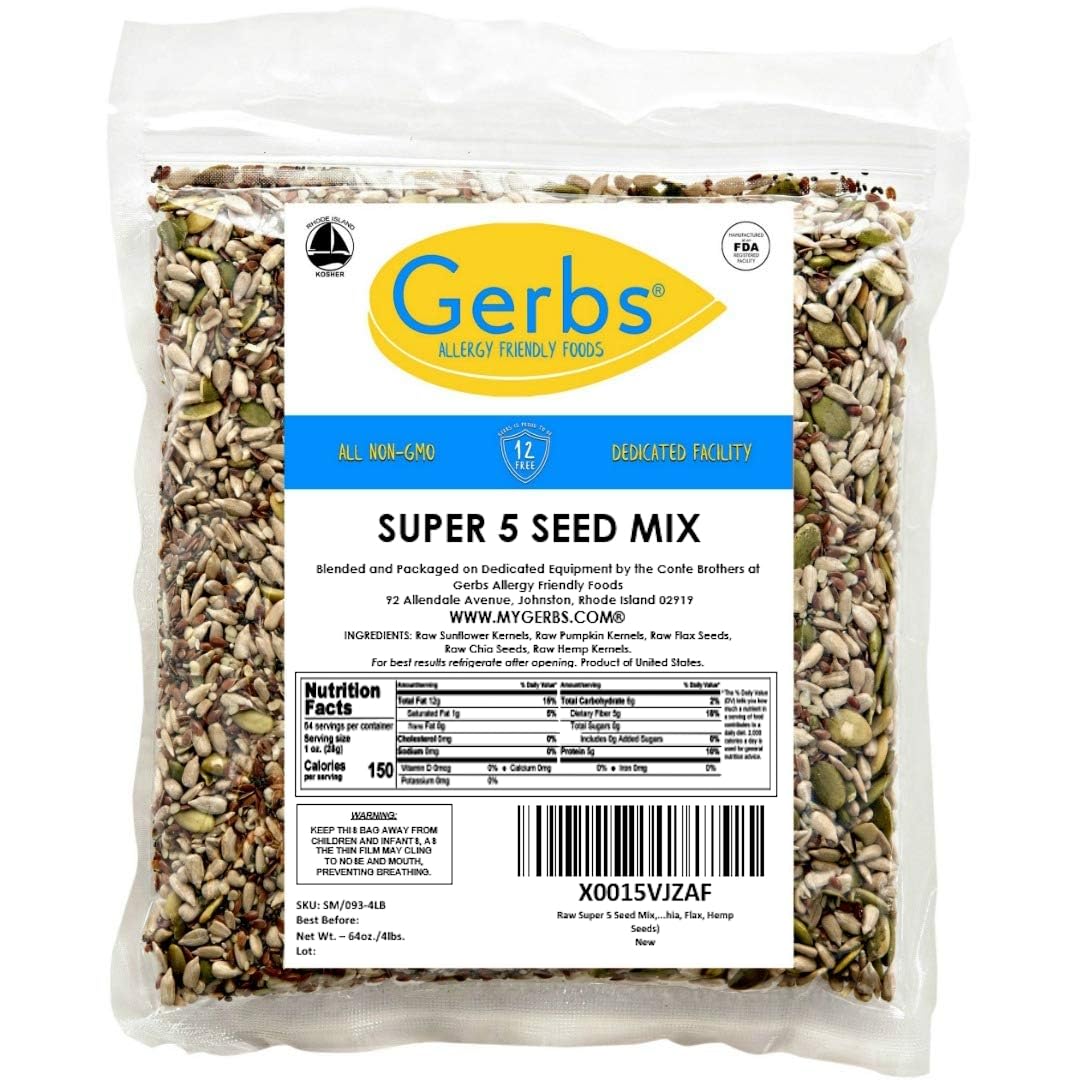 Gerbs Super 5 Seed Snack Mix 4 Lbs. Premium Grade | Top 14 Food Allergy Free | Resealable Bulk Bag | Made In Usa | Raw Pumpkin S