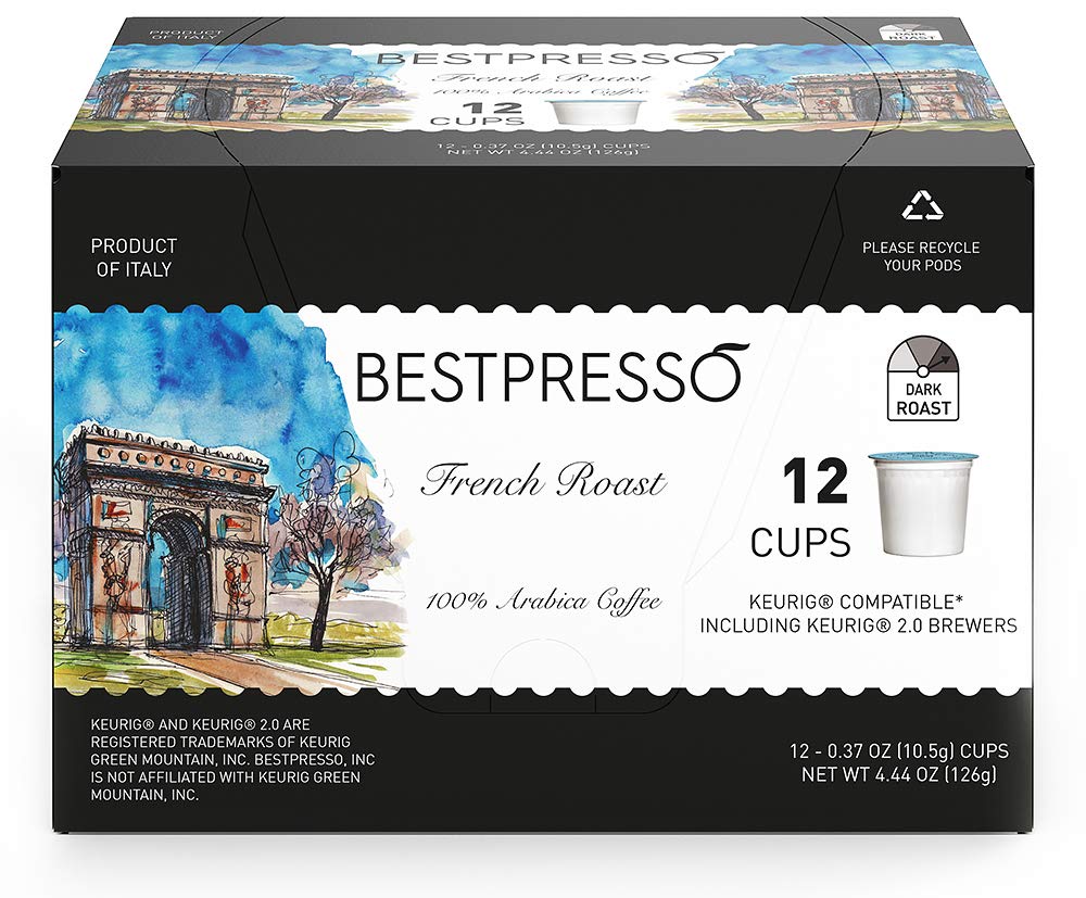 Bestpresso Coffee French Roast K-Cup Pods, Dark Roast, 96 Count, Compatible with 2.0 Keurig malt-inspired, 8 Packs of 12 Cups