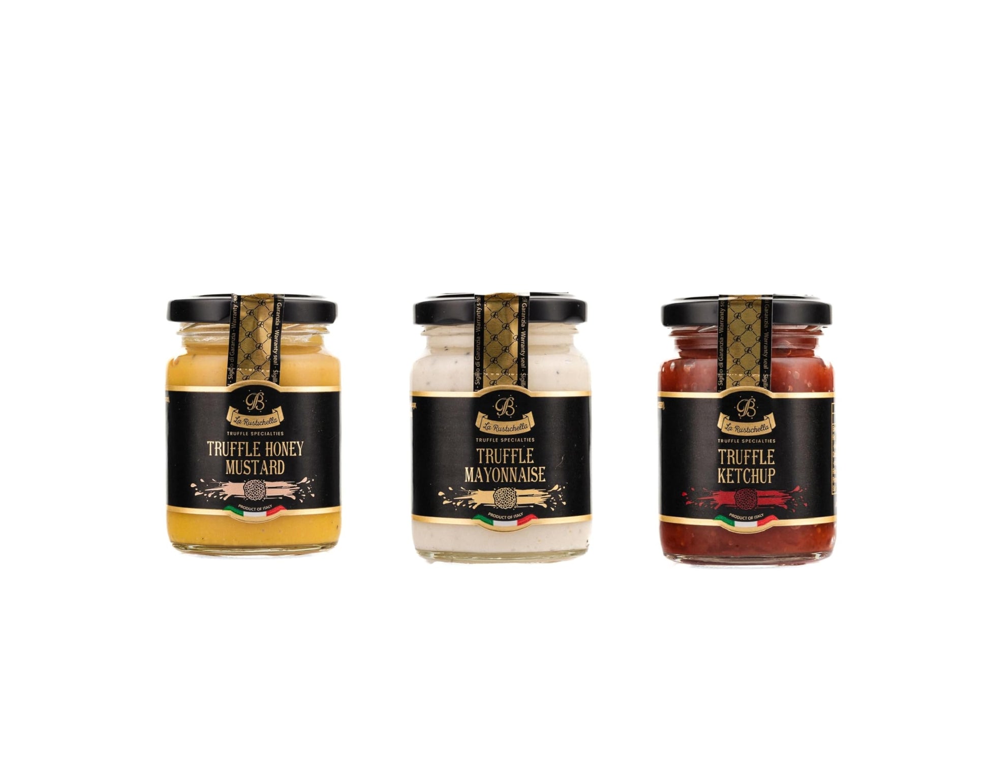 La Rustichella - Truffle Dip Sauces Set - Black Truffle Sauces: Ketchup 3.5 oz/100gr, Mayonnaise 3.2 oz/ 90gr, Sweet Honey Musta