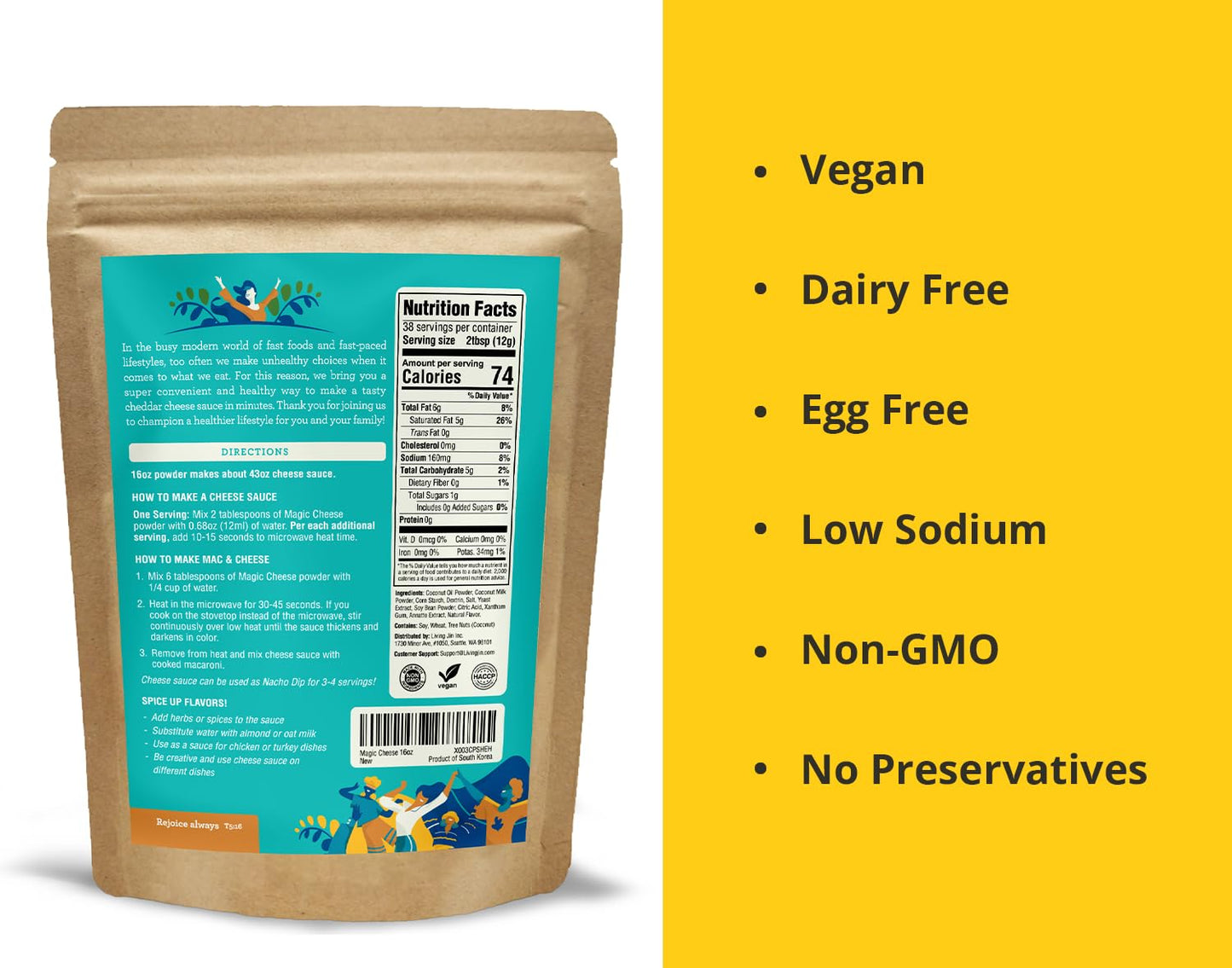 LIVING JIN Vegan Magic Cheese Sauce Powder, Dairy Free, Low Sodium, 16oz (Makes 43oz)