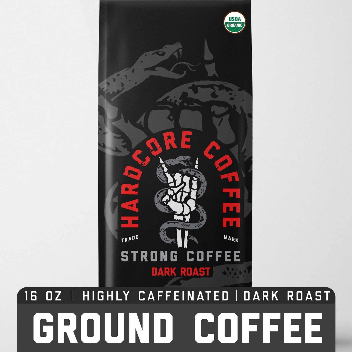 Hardcore Coffee Ground Coffee, High Caffeine, Strong Roast, 16 Oz, Model 205401
