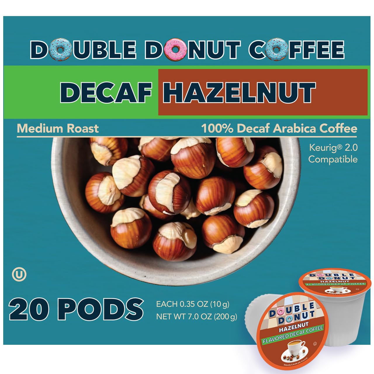 Double Donut Coffee Hazelnut Decaf Coffee Pods Medium Roast 20 Count for Keurig K Cup Machines