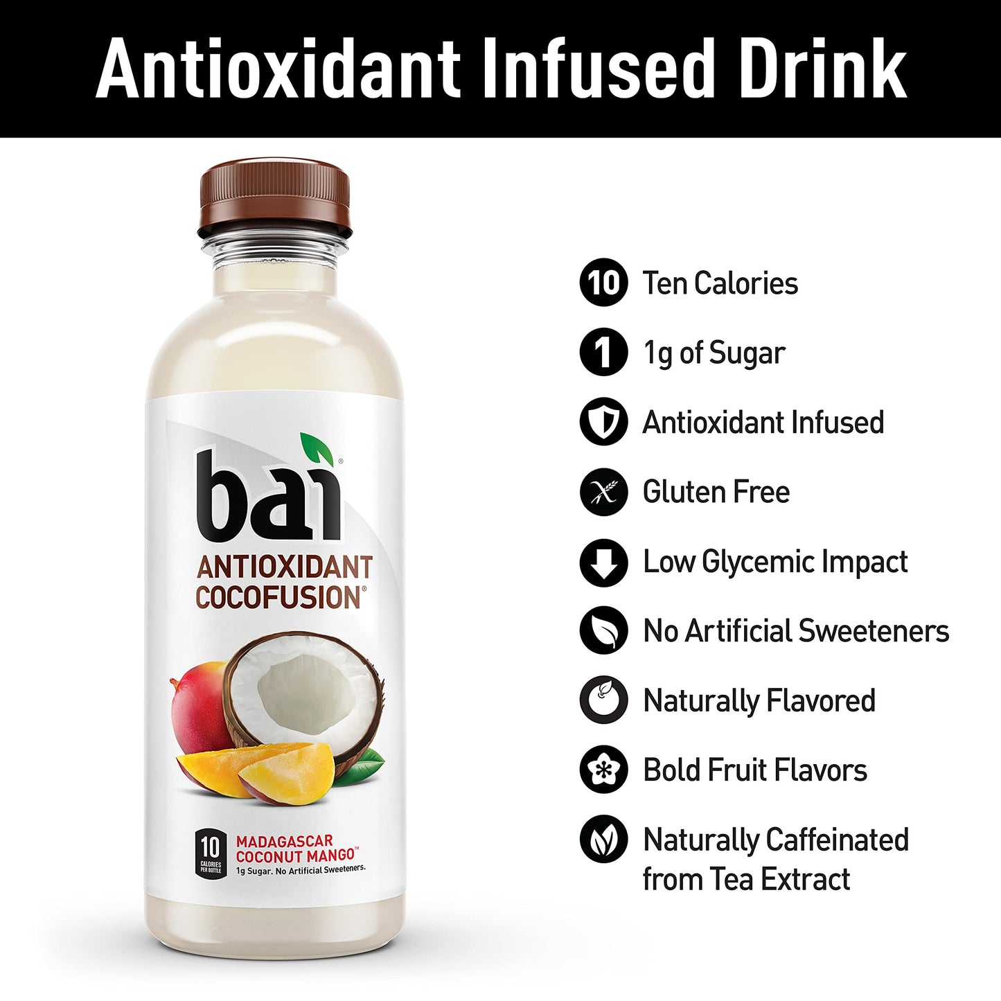 Bai Coconut Flavored Water, Madagascar Coconut Mango, Antioxidant Infused Drinks, 18 Fl Oz (Pack of 6)