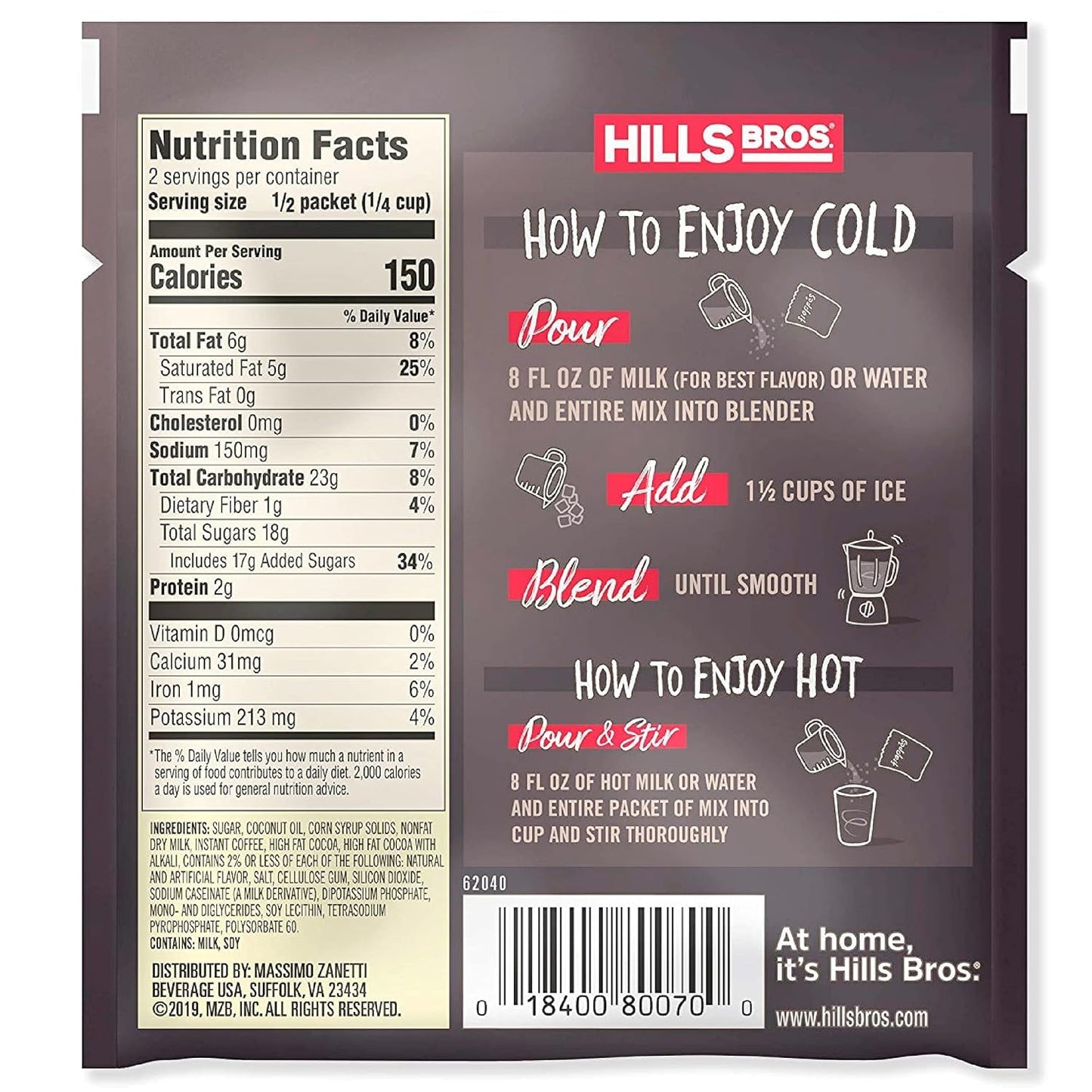 Hills Bros. Chocolate Espresso Drink Mix, Gluten Free, Kosher, 2.3 oz (Pack of 12)