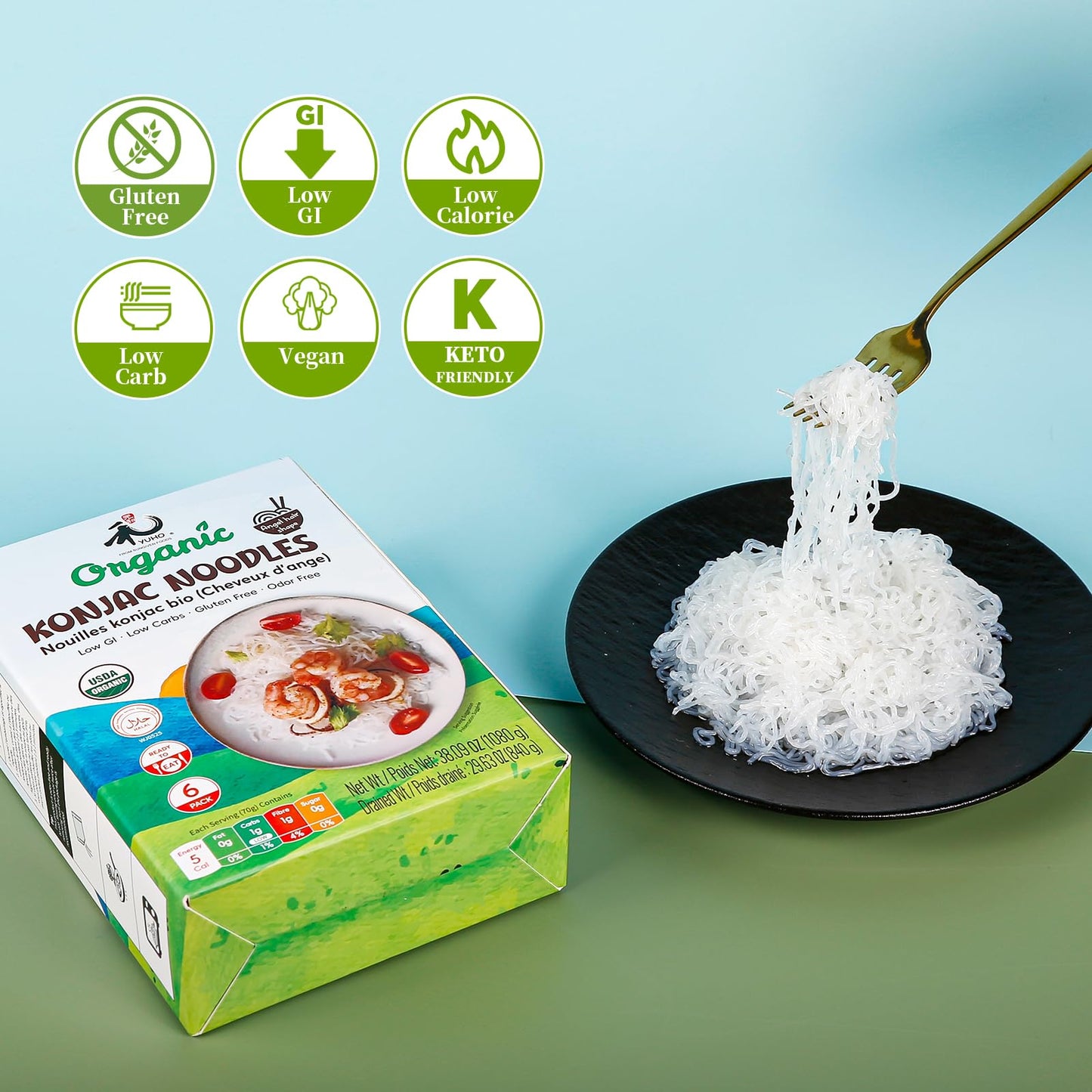 YUHO Organic Konjac Shirataki Noodle, Low Carb Pasta 38.09 Oz (1080 g), Angel Hair, USDA Organic Healthy Spaghetti (6 Pack Insid