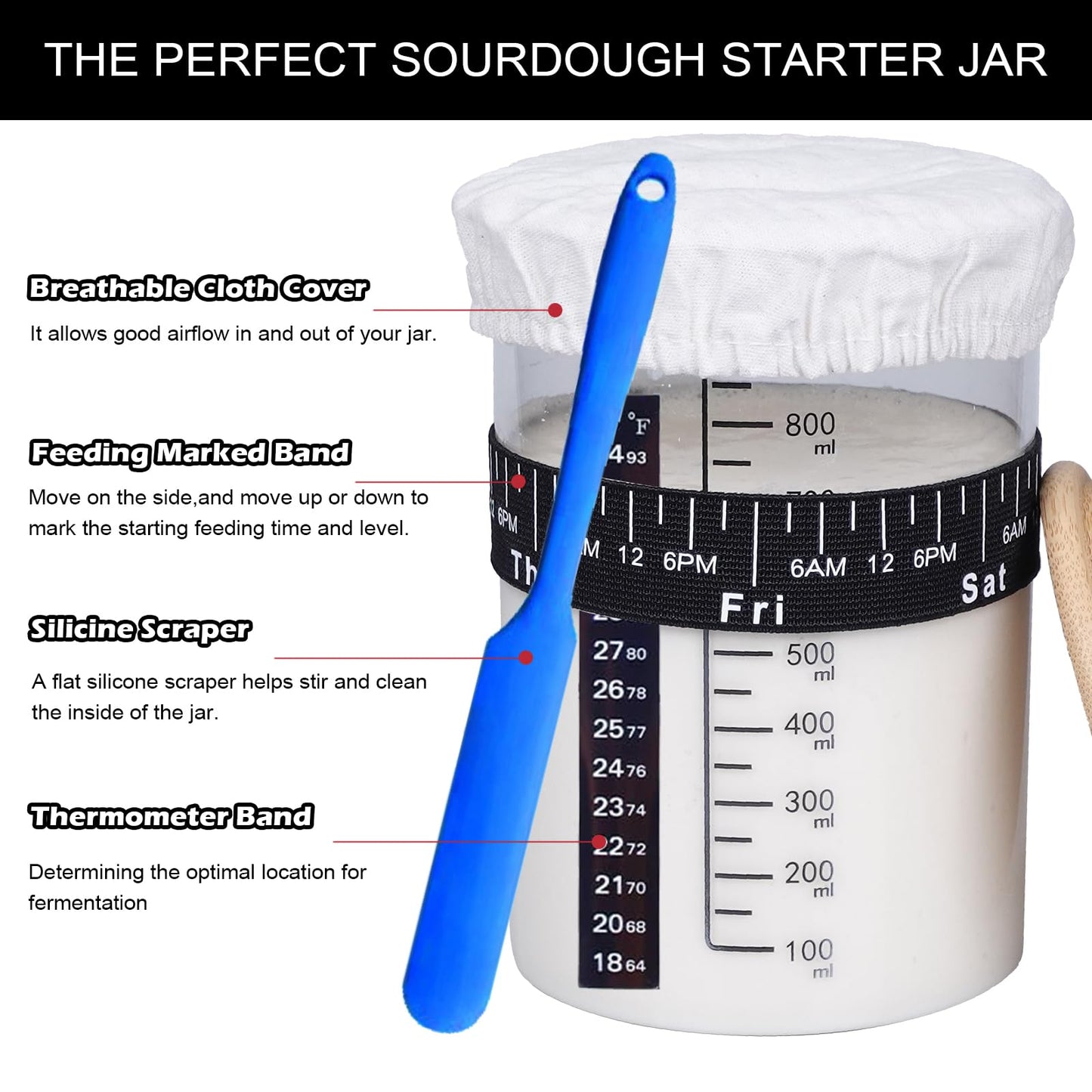 SAGOOITS Sourdough Starter Kit, 34oz Glass Jar, Reusable Set with 7 Tools, Blue, Upgraded-01 Model