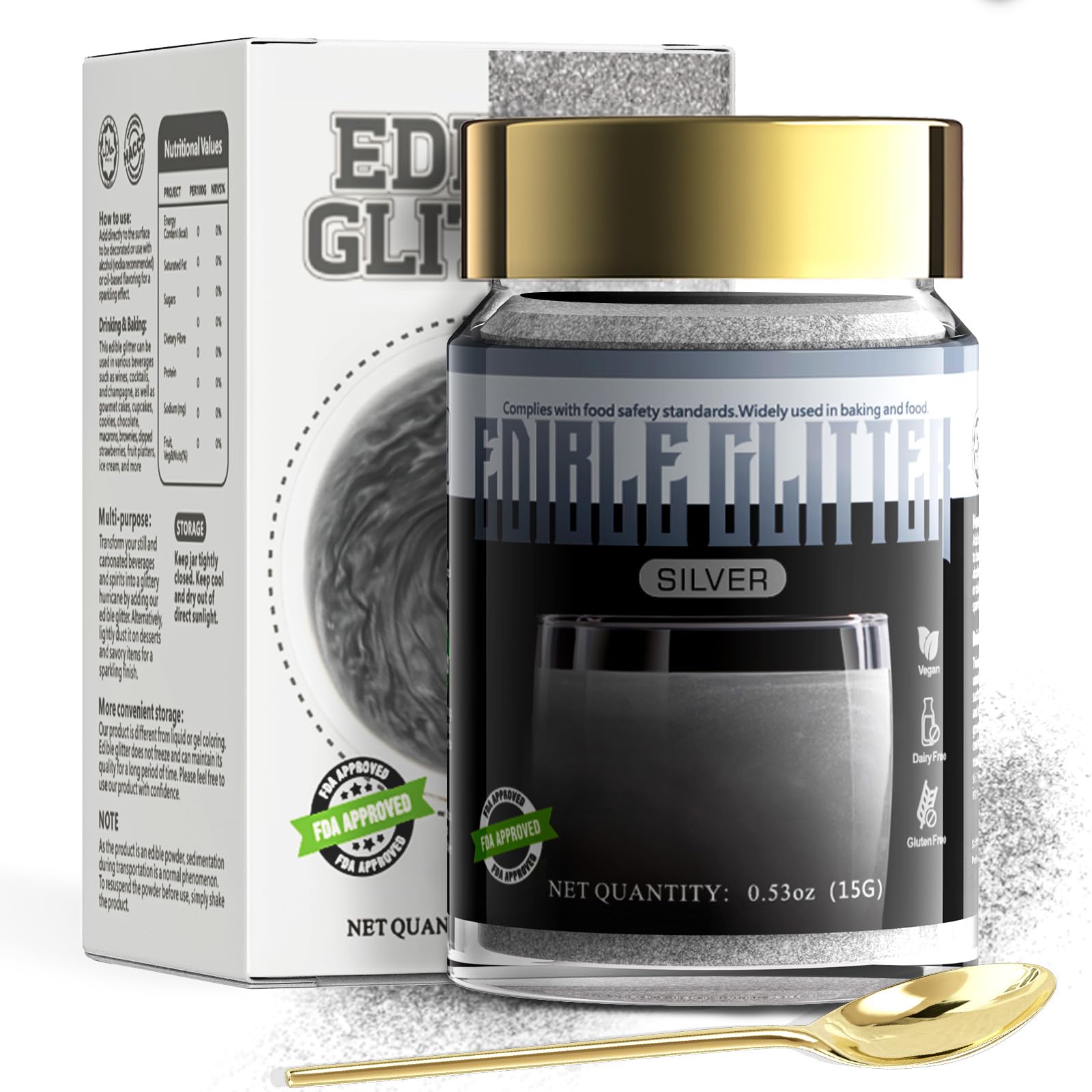 LOCDO Edible Glitter, Food Grade Luster Dust, Vegan, Allergen-Free, Large 15G, Silver