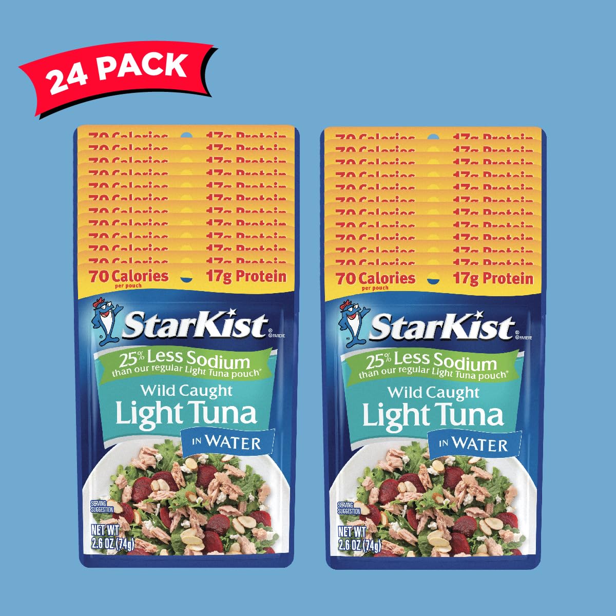 StarKist Reduced Sodium Chunk Light Tuna in Water, 2.6 oz Pouch (24 Pack) Ready to Eat Wild Caught Tuna, 17g Protein, Gluten Fre