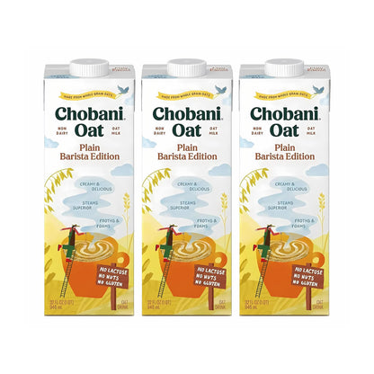 Chobani Oat Milk, Plain Oat Barista Edition, Shelf Stable Non Dairy Milk, Creamer, Vegan Friendly, Gluten-Free, 32 FL OZ (Pack-3