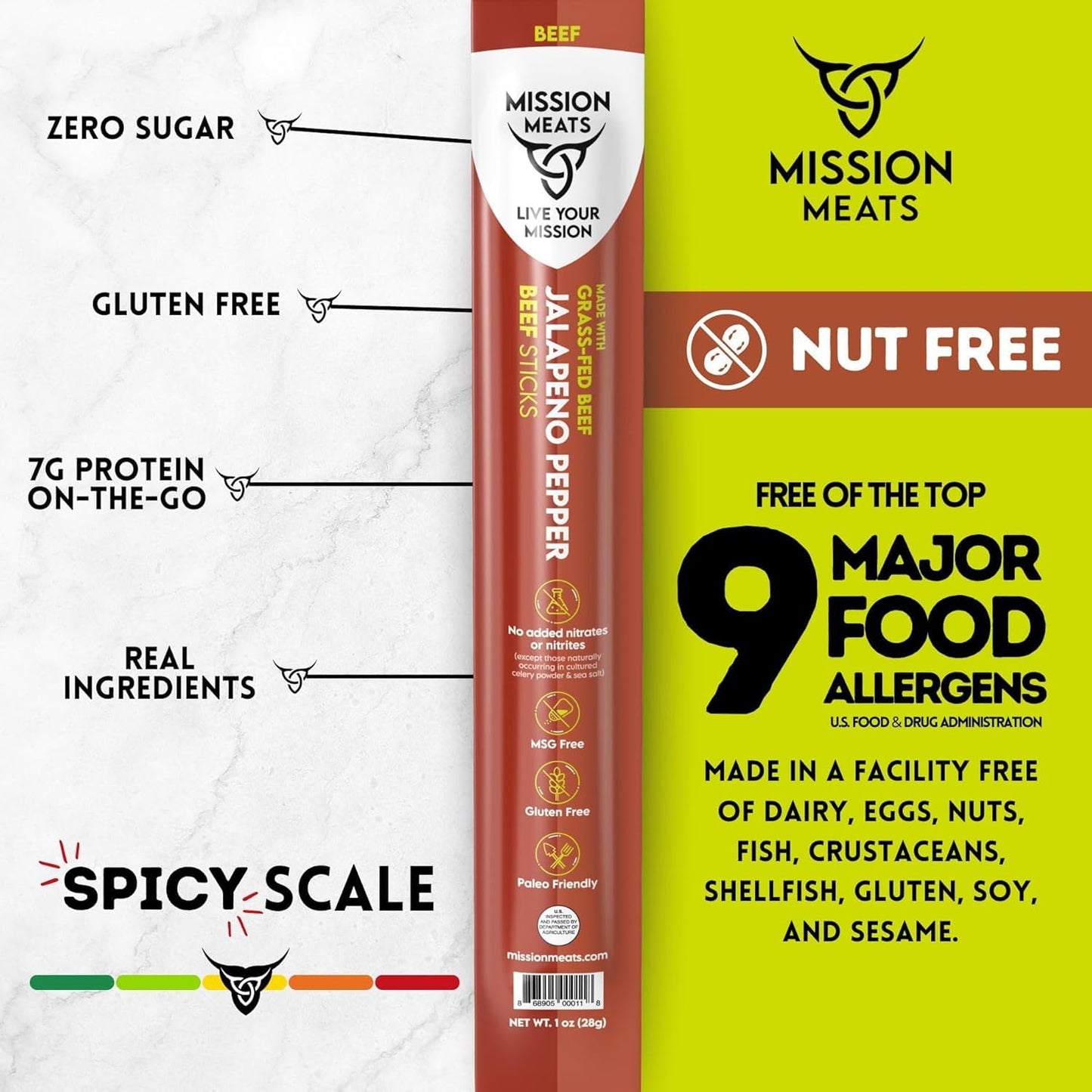 Mission Meats Beef Sticks - 100% Grass Fed & Pasture Raised, Sugar Free, Individually Wrapped Healthy Snacks, Whole 30 & Paleo F