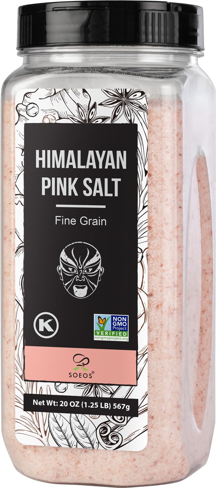 Soeos Himalayan Pink Salt - Fine Grain, 20 oz, Kosher Certified, Pure Rock Salt for Grinders and Salt Mills