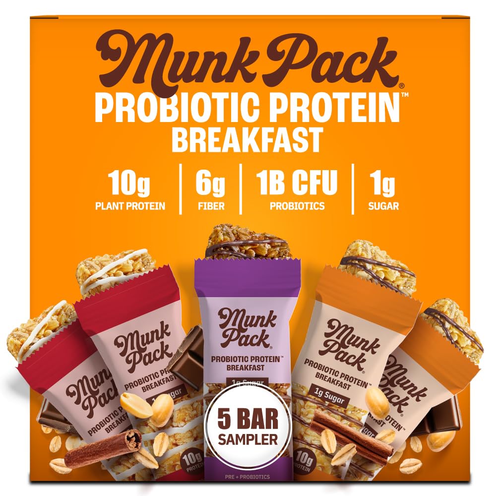 Munk Pack Sampler Pack Probiotic Protein Snack Bars Stocking Stuffers | 10g Plant Protein  1g Sugar  6g Fiber |Diabetic-Friendly Ideal Breakfast Bars - On-the-Go Snacks  Gluten-Free  Non-GMO | 5 Count
