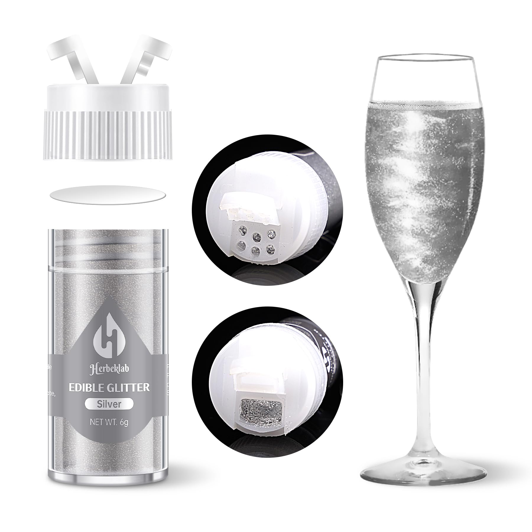 Silver Edible Glitter for Cocktails - 6g Silver Luster Dust Edible Drink Glitter Food Grade Metallic Shimmer Powder Sprinkles fo