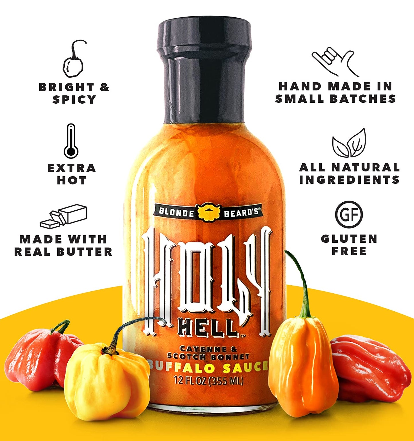 Blonde Beard s Buffalo Sauce - Holy Hell (Extra Hot) - Gourmet, Award Winning Sauce With Scotch Bonnet Peppers - Made With Real
