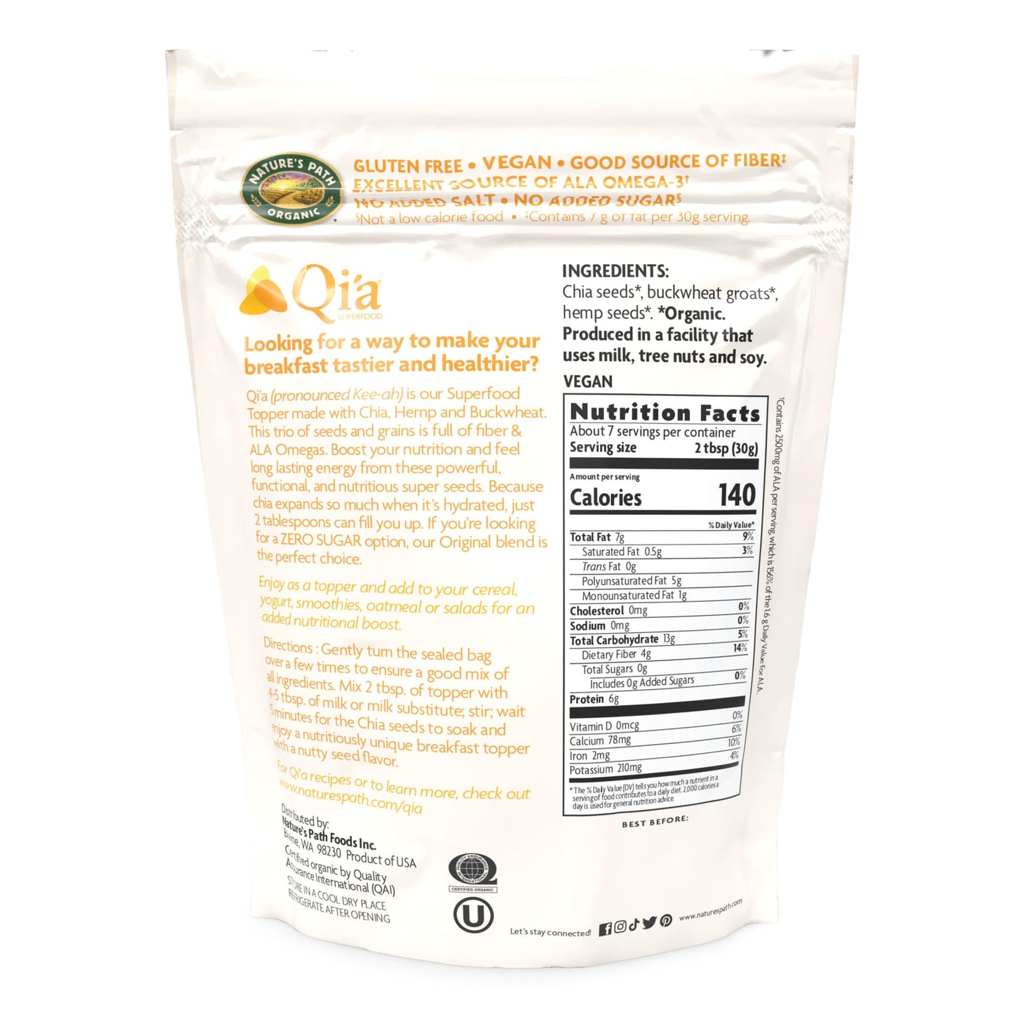 Natures Path Organic Qia Original Chia, Buckwheat & Hemp Superfood Breakfast Topper Cereal, 7.9 oz (Pack of 1), Gluten Free, N