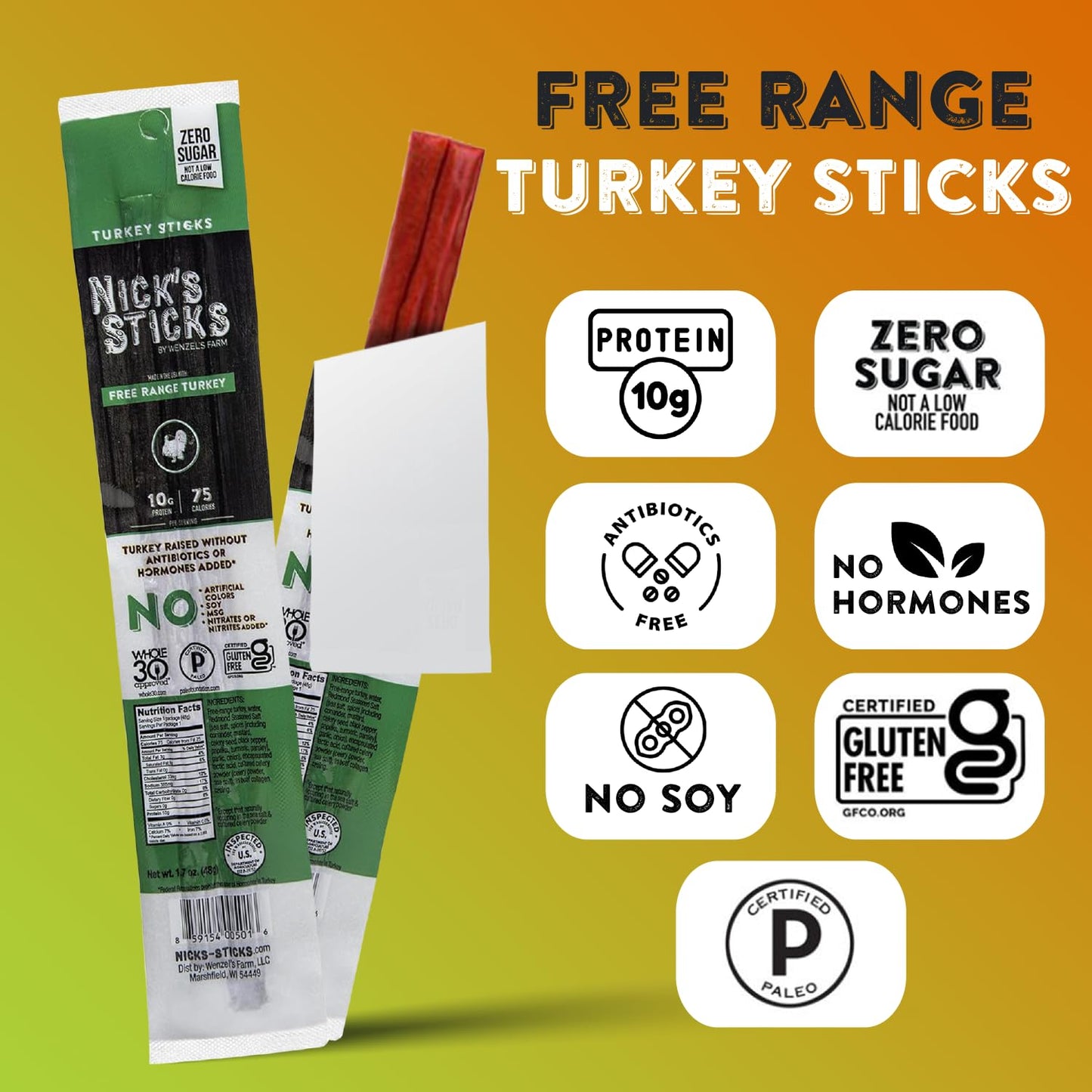 Nicks Sticks Clean & Balanced Free Range Turkey Snack Sticks | Made In The Usa | Gluten Free | Paleo | Keto | Whole30 Approved | No Soy,  S Or  S (12 – .9 Oz. Packs Of 1 Sticks)