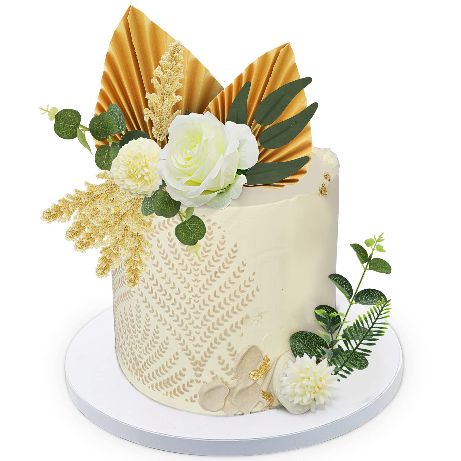 Lukinuo 16Pcs Boho Cake Topper Decoration Flower Cake Topper Gold Palm Leaves Cake Decoration White Rose Carnation Eucalyptus Wi