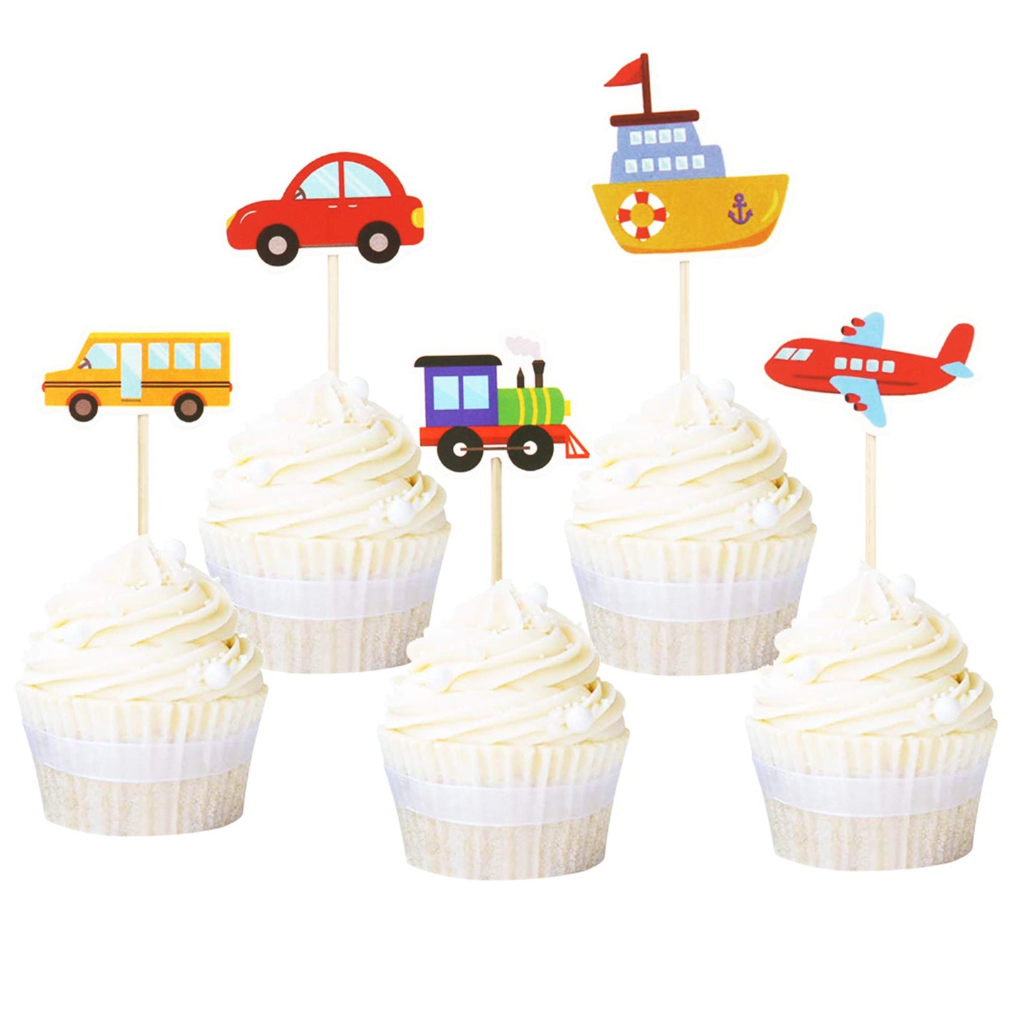 Ercadio 30 Pack Transportation Cupcake Toppers Bus Car Ship Train Airplane Cupcake Picks Baby Shower Birthday Party Cake Decorat