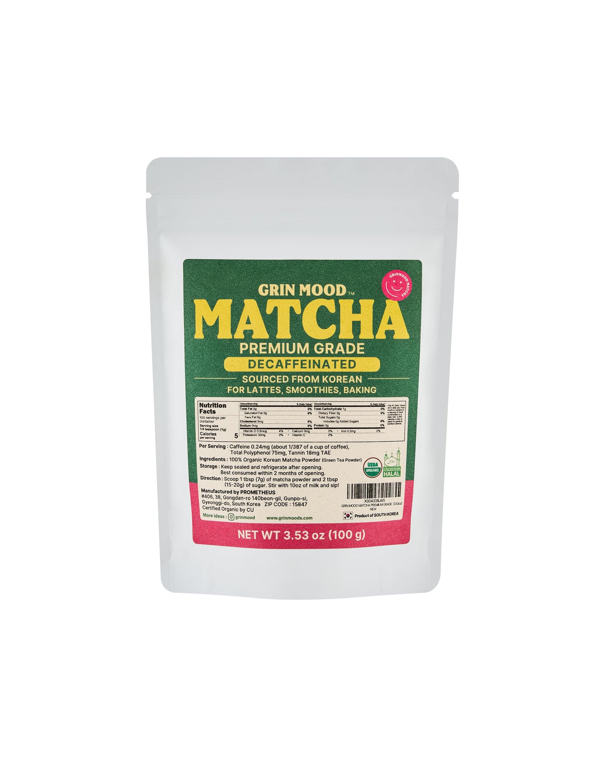 Grin Mood Matcha Powder - Organic Green Tea Powder - Decaffeinated Green Tea, Authentic Korean Matcha, Halal (3.53Oz, Enhanced Grade)
