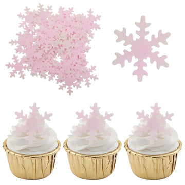 Gyufise 50Pcs Pink Edible Cupcake Cake Toppers Snowflake Cake Decorations For Christmas Winter Frozen Theme Party Supply Decorat
